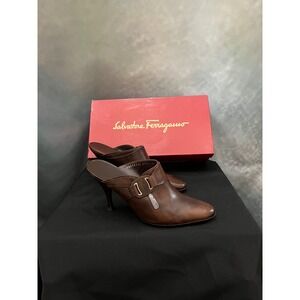 Salvatore Ferragamo Brown Leather‎ Heeled Mules Elegant Designer Shoes